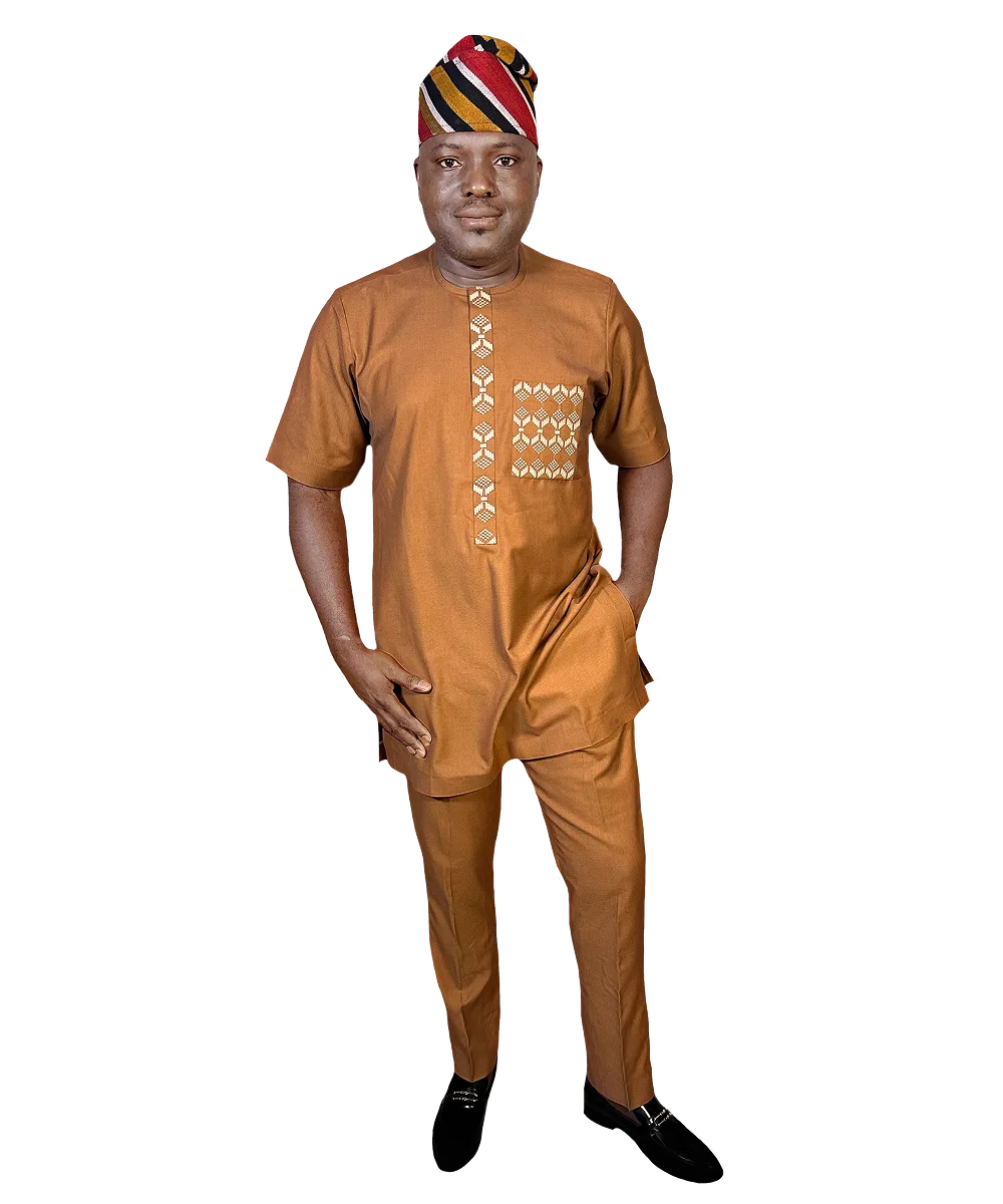 IBRAHIM Men’s African Traditional Wear – Camel Brown Designer Senator Outfit | MP Collections