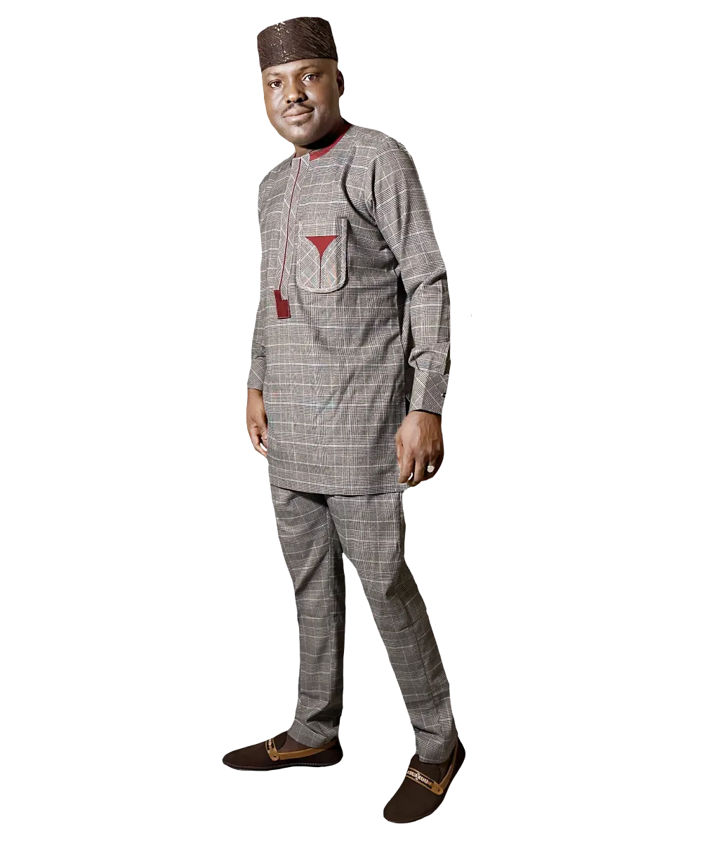 Premium Checked Designer  Mens African Grey Dashiki Checkered Set | MP Collection - Alternative
