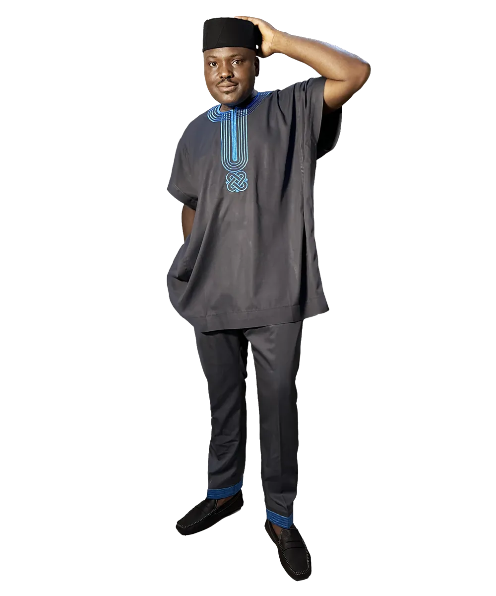 Luxury Embroidered Charcoal Grey Short-Sleeve Kaftan Set | MP Collection