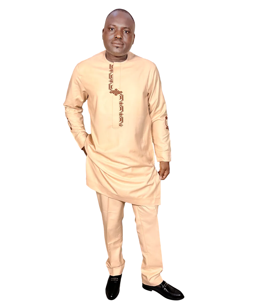 MOBOLAJI Men’s African Traditional Wear – Cream Ivory Embroidered Senator Outfit | MP Collections - Alternative