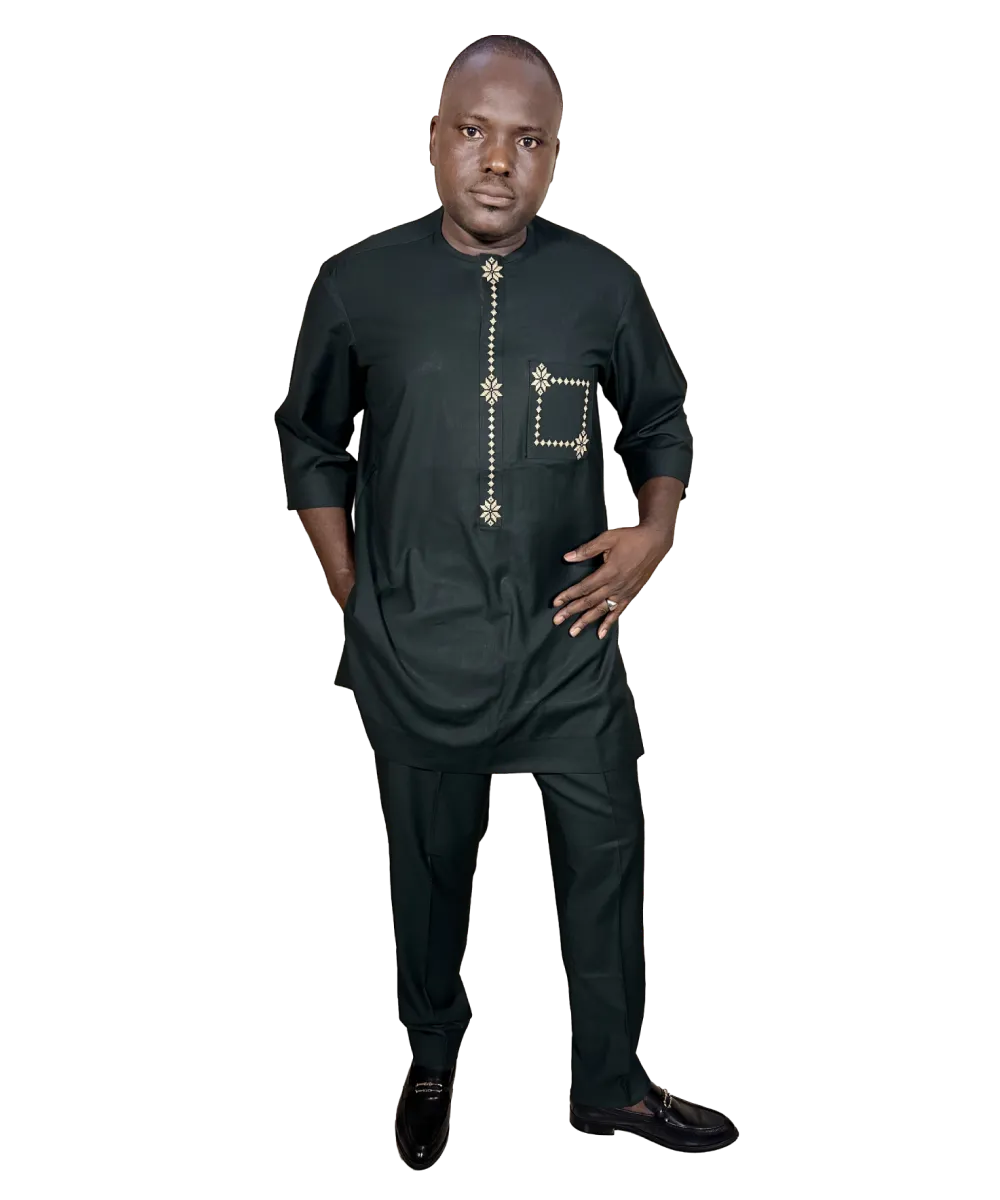 " OLUSEYI Men’s African Traditional Wear – Dark Green Embroidered Senator Outfit | MP Collections"
